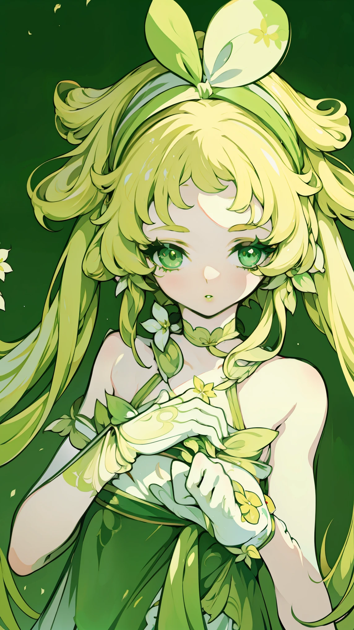 Painted on the chest, Honey, (1 girl), ((Solitary)), ((solitary)), charming, White skin, By Bangs, Blonde short hair, Green Eyes, Hair accessories, Very long hair, flowering, Shine beautiful light, Flowing hair, Green headband,Gloves，Eyeshadow, (Red lips), (Lace dress), masterpiece, high quality