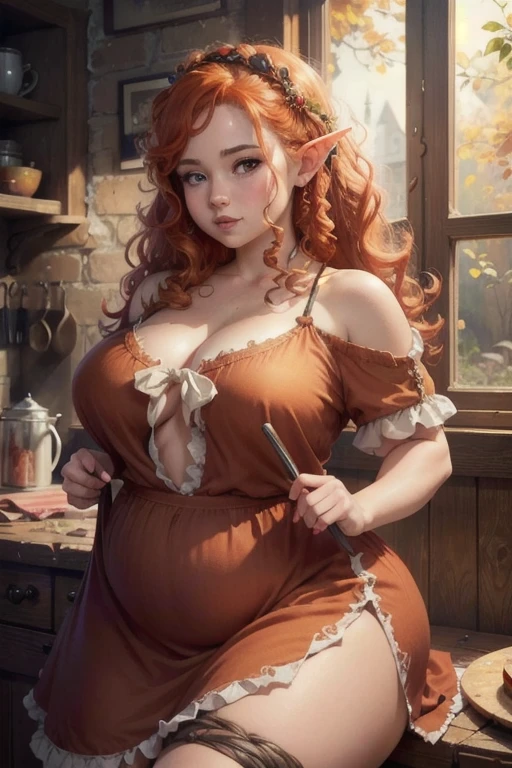 (Best quality), (high resolution), (detailed),1woman, chubby elf girl, messy tied hair, red dress, curly ginger hair