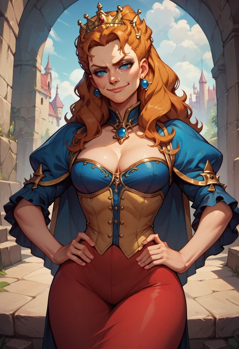 1woman, cleavage, in a castle dungeon, hands holding own hips, smirk, medium breasts, wide hips, big ass, Anna Henrietta