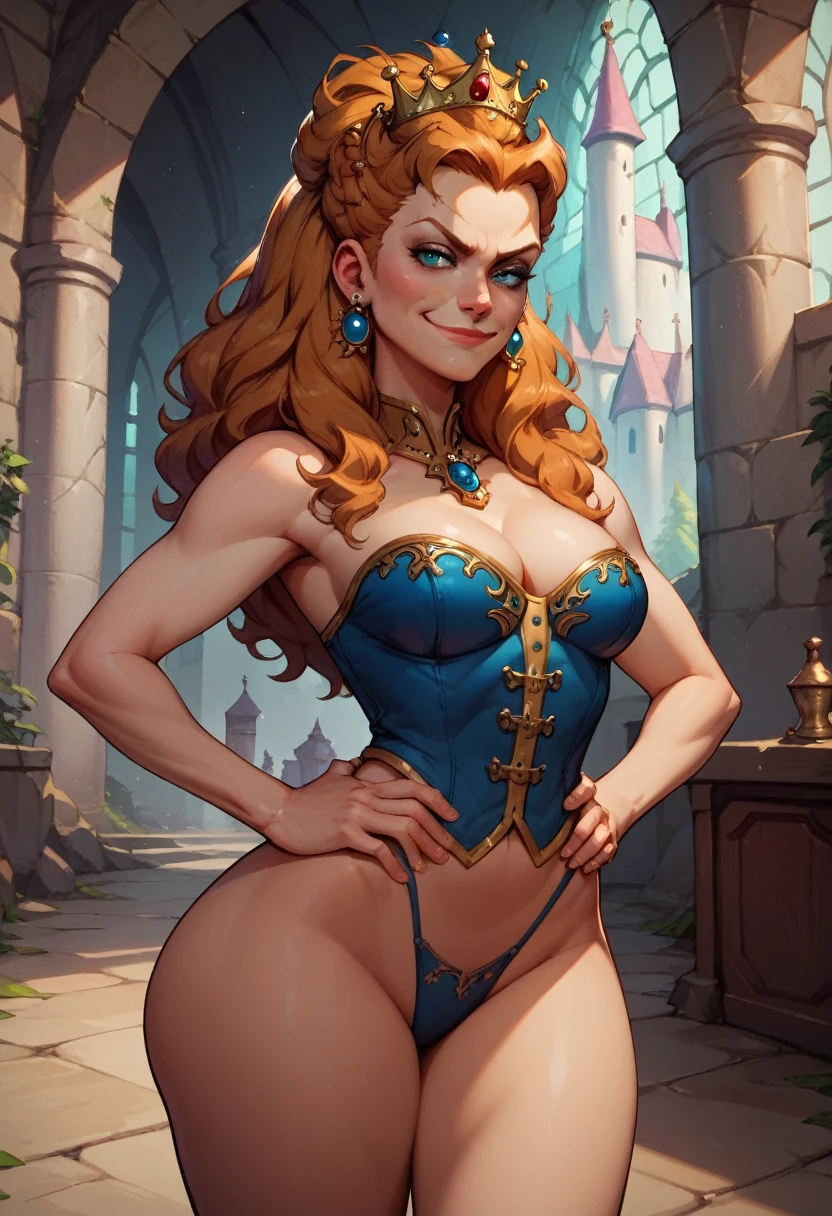 1woman, cleavage, in a castle dungeon, hands holding own hips, smirk, medium breasts, wide hips, big ass, Anna Henrietta