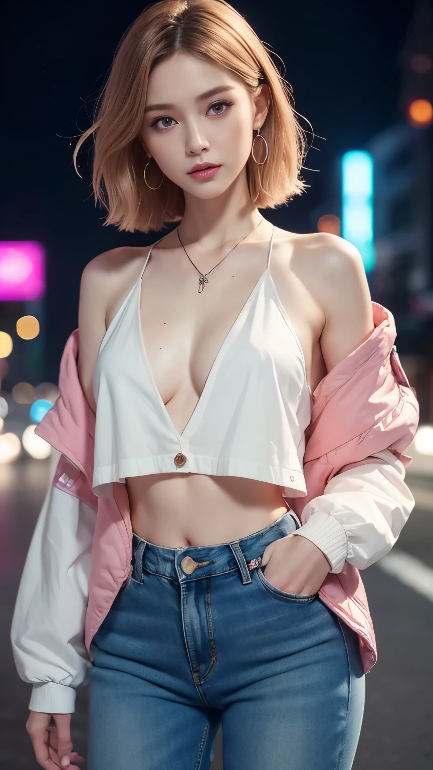 (RAW photo, high resolution, best quality, masterpiece), (realistic, photorealistic: 1.3), 1girl, very delicate and beautiful, beautiful detailed girl, very detailed eyes and face, ((triangular face)), beautiful detailed eyes, (((slender figure, skinny, thin waist))), (cleavage), ((black cyberpunk jacket and crop shirt, denim pants)), stylish pendant, black earrings, charming, natural makeup, soft pink shiny lips, ((pink pastel and orange stylish layered short hair)), perfect style, ((night city with neon light background)), CG, 8k, ultra-realistic, highest quality, super detailed、detailed hand drawing、((((take off your pants))))、(((wearing white panties)))、((delicate pictures))，(Detailed RAW photos of girls), (muste piece:1.25), (best quality:1.6), (超High resolution:1.5), (It&#39;s photorealistic:1.75), 8K resolution, Canon EOS R5, 50mm, disorganized, Super detailed,cinematic lighting, show nipples, show vagina, spread legs.