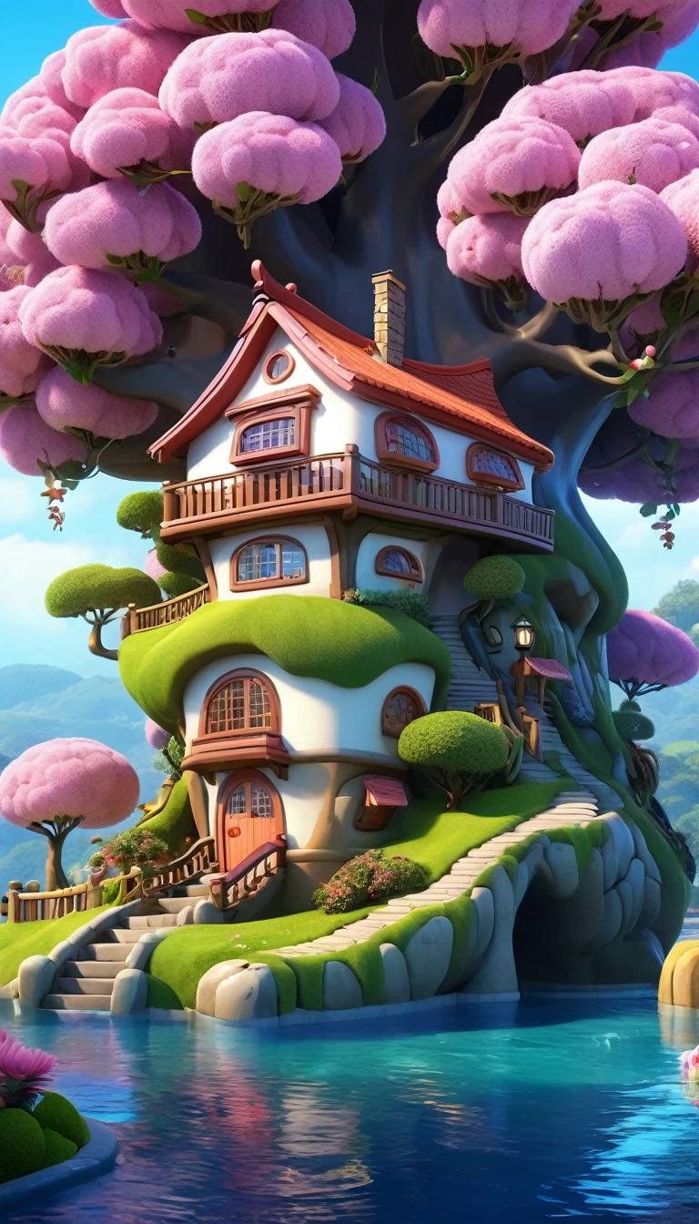 A lychee-shaped house，，Super big and cute，Cartoon，3d,Disney animation style，panoramic，Super Fine，Ultra Detail，Ultra HD