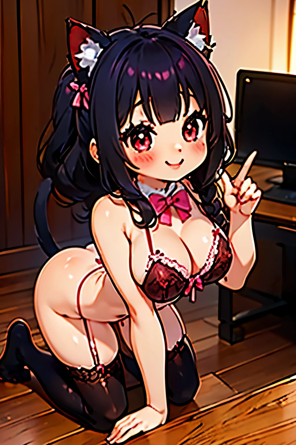 (((junkotvv))), High freshness, 8K, detailed face, grabbing her chest, showing her breast, deep red eyes, cat ears, ((Pink See-Through Lingerie)), spa, (large breasts)), slim and thin, her breasts equally proportioned body)), front view, 4 fingers and 1 thumb, ((2 hand dyed hair, beautiful smile, smile at the viewer, blush cheeks,during sex、naked、Showing off her butt in pantiey underwear is slipping and starting to fall off.、Crawl on all fours with your elbows on the desk、Breasts fully visible、No underwear、Turning your back and pointing your butt、