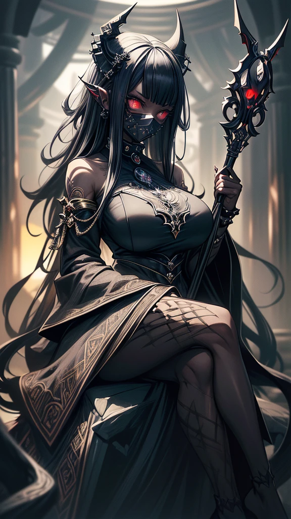 ((best quality)), ((masterpiece)), (detailed), une fille, visage parfait, cheveux longs, ((golden hair)), curly hair, decorated cheveux, yeux bleus ultramarin, ((huge-breast)), ((casual wear punks, casual wear)), casual wear déchirés,
((((Mystic sentinel, Dark majesty, ultra high resolution)))), 1girl, calm, sitting, (long jet black hair), ((dark skin, shadows covering face:1)), ((sharp angular features)), ((glowing red eyes)), (((ultra detailed eyes:0.8, striking and intricate facial features, detailed eyes:0.9))), ((close up, full body view, with tail, seated on a stone throne, surrounded by shadow and forest foliage:0.9))), medium breasts, looking at the ground, ((furrowed brows)), ((strong and toned body, detailed muscles, intricate clothing and accessories)), (((head, shoulders, hips, and tail in view))), ((arms crossed, holding her Umbranox infused staff)), mysterious aura, beautiful lighting, forest, ((looming, ominous, and defined subject)), 28 years old, (thinking deeply), (((melancholic))), ((high saturation, low contrast, cinematic style)))