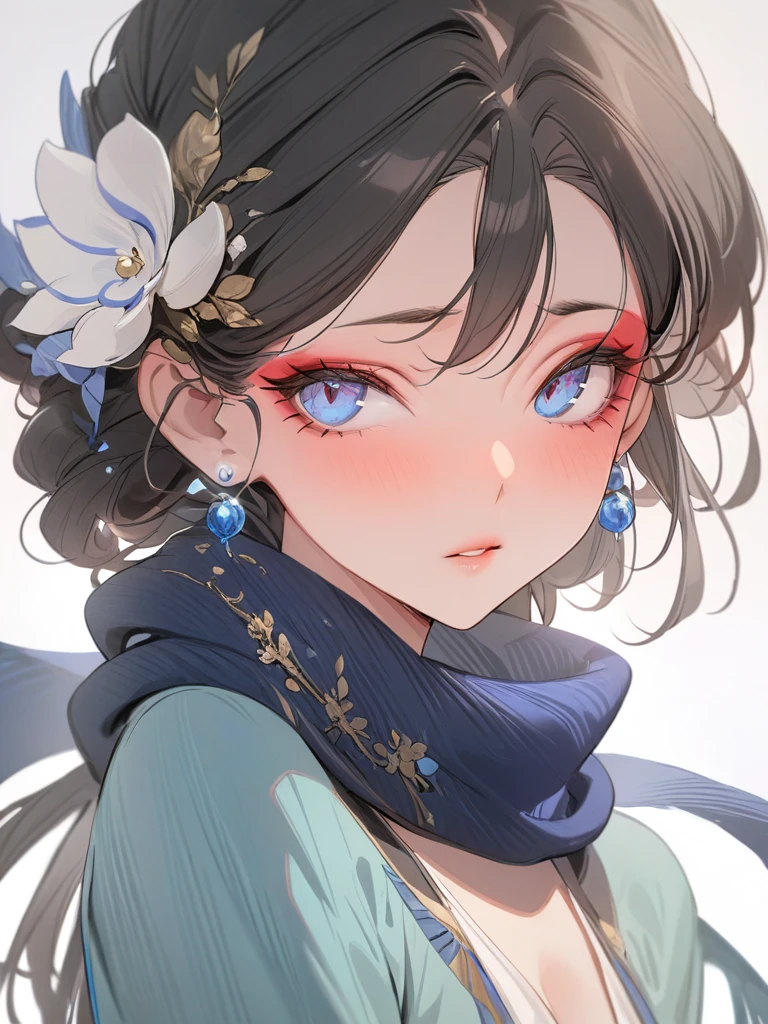 (masterpiece, best quality:1.2), 1 girl, solitary, Black Hair, Skin details, Beautiful facial features, Exquisite makeup, Blue clothes, Exquisite eyes, Eye details, scarf, hair, flash