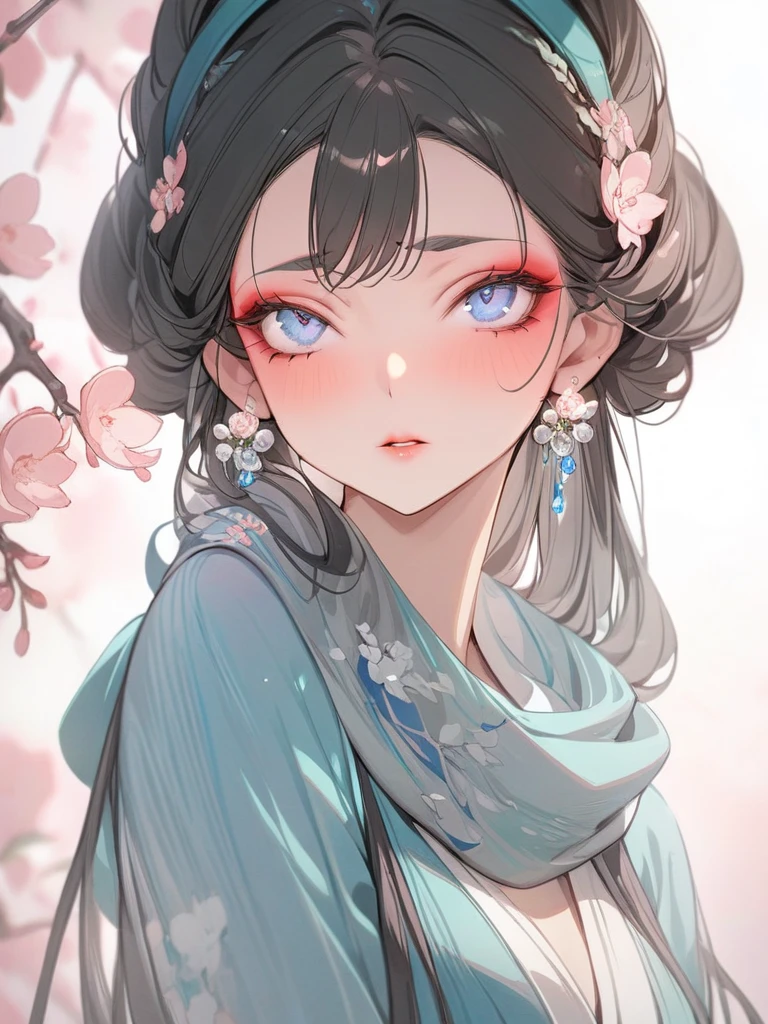 (masterpiece, best quality:1.2), 1 girl, solitary, Black Hair, Skin details, Beautiful facial features, Exquisite makeup, Blue clothes, Exquisite eyes, Eye details, scarf, hair, flash