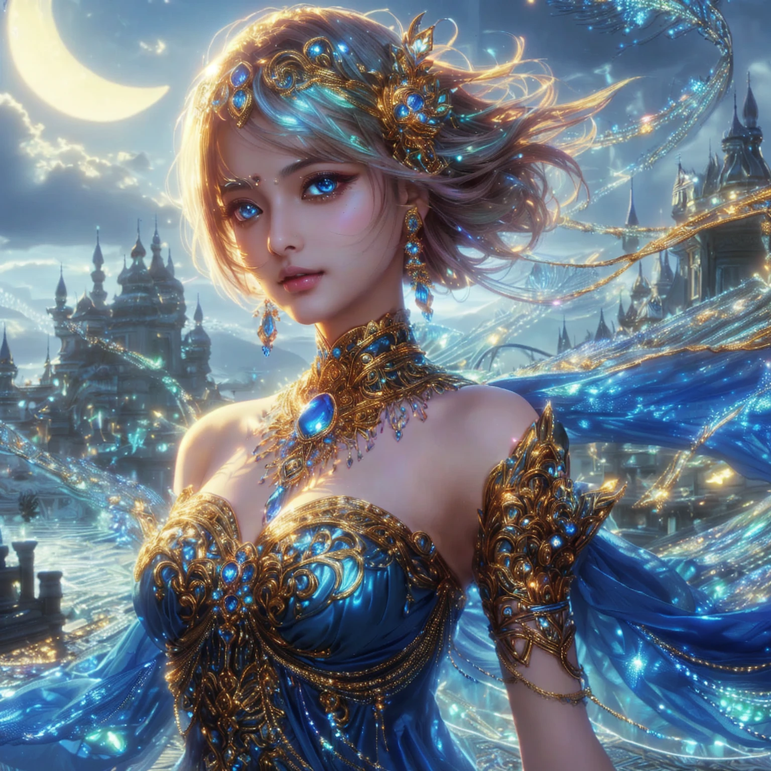 Indian Goddess Woman Super realistic Indian model , Close-up of a woman in a blue dress with lights shining behind her., extremely detailed Argerm, anime goddess, beautiful heavenly mage, High quality 8K detailed artwork., Argerm. anime illustration, Beautiful Fantasy Empress, beautiful girl, Fantasy anime artwork, beautiful goddess, Argerm style, Detailed digital anime art