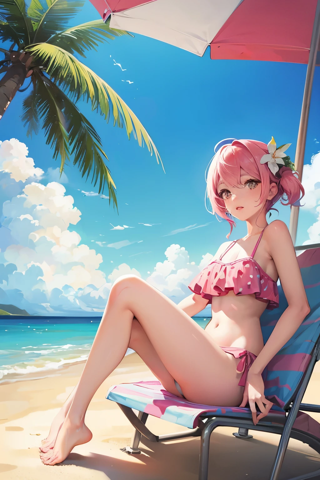 A cute girl，Pink Hair，Wearing a polka dot swimsuit，Large Breasts，at the seaside，Next to it is the Summer Ice Drink Shop，Several coconut trees and beach chairs on the beach，Blue sky and white clouds，cold drink，Colorful style