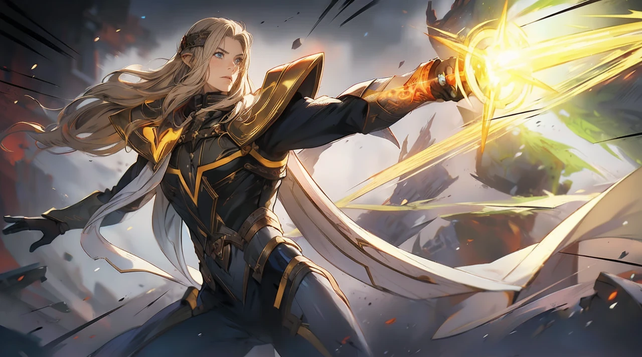 Young 20s handsome elf ,man, long red and white hair, wearing black wizard outfit, with serious face, blue eyes, character, anime, RPG, hand-drawn, high details, medieval city background