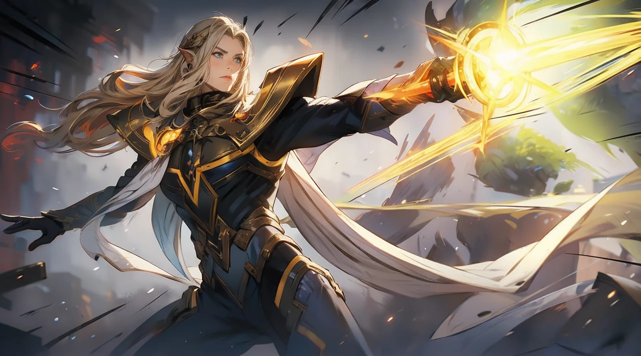 Young 20s handsome elf ,man, long red and white hair, wearing black wizard outfit, with serious face, blue eyes, character, anime, RPG, hand-drawn, high details, medieval city background