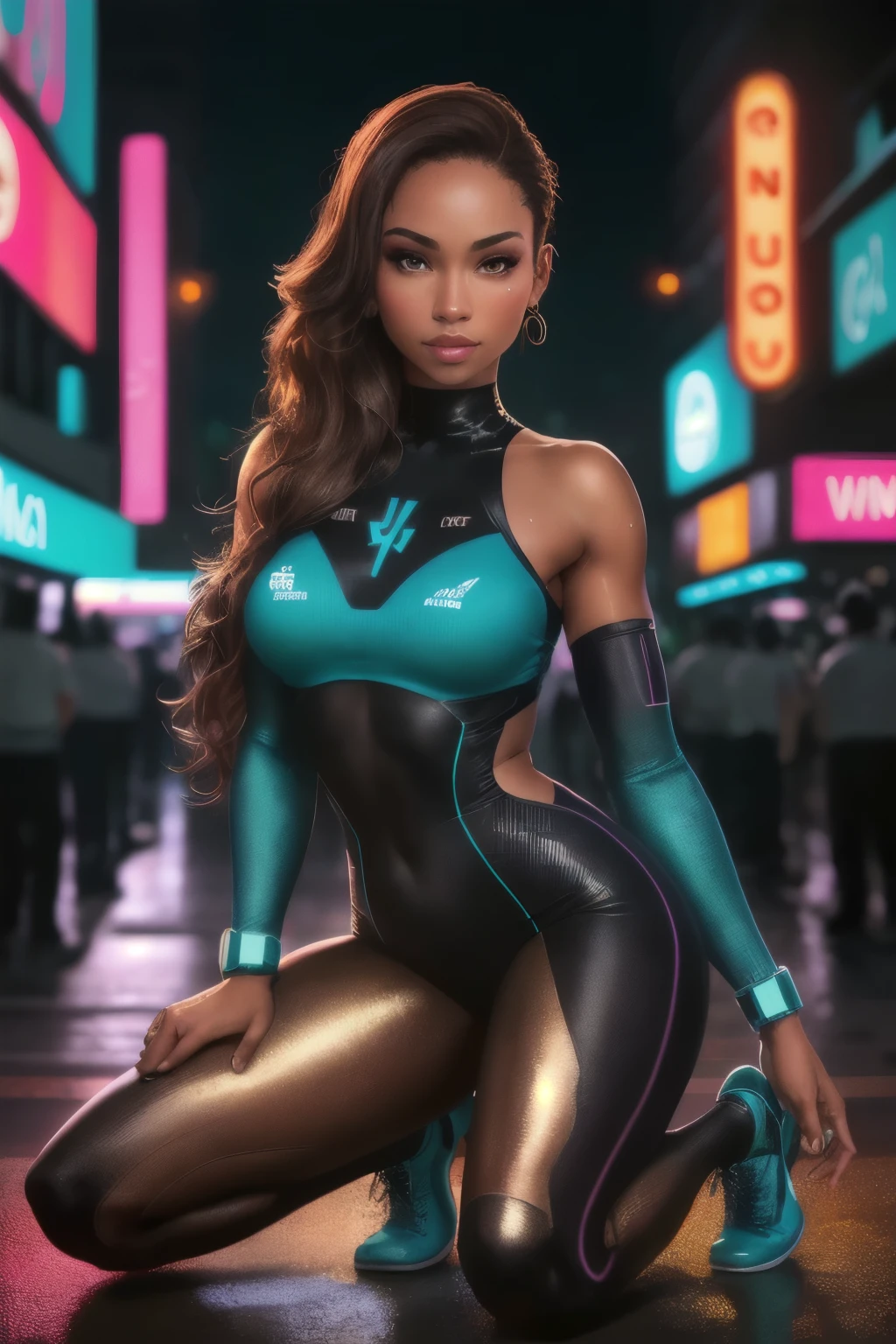 Concept: Sasha Banks as a futuristic cyber warrior.
Details:
* Wrestler: Sasha Banks (as described previously: dark brown hair, dark brown eyes, athletic build, around 5'5" with a rose tattoo on her left shoulder).
* Attire: A high-tech, skintight bodysuit with a metallic purple and teal color scheme. The suit should have glowing circuitry that accents her arms, legs, and torso.
* Pose: Banks kneeling on one knee, her right hand resting confidently on her hip. Her left hand is raised, palm open, as if charging an energy blast.
* Complexion: Rich, warm brown skin with a hint of sweat on her forehead and brow for a touch of realism.
* Visual Style: Sci-fi with a neon color palette.
* Background: A dark, industrial cityscape with towering skyscrapers illuminated by neon signs and holographic advertisements.