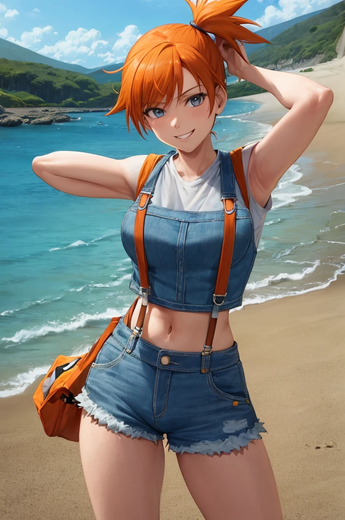 ((masterpiece,best quality)), absurdres, Misty_Pokemon, yellow crop top, suspenders, side ponytail, orange hair, denim shorts, solo, smiling, looking at viewer, cowboy shot, cinematic composition, contrapposto, tropical beach,