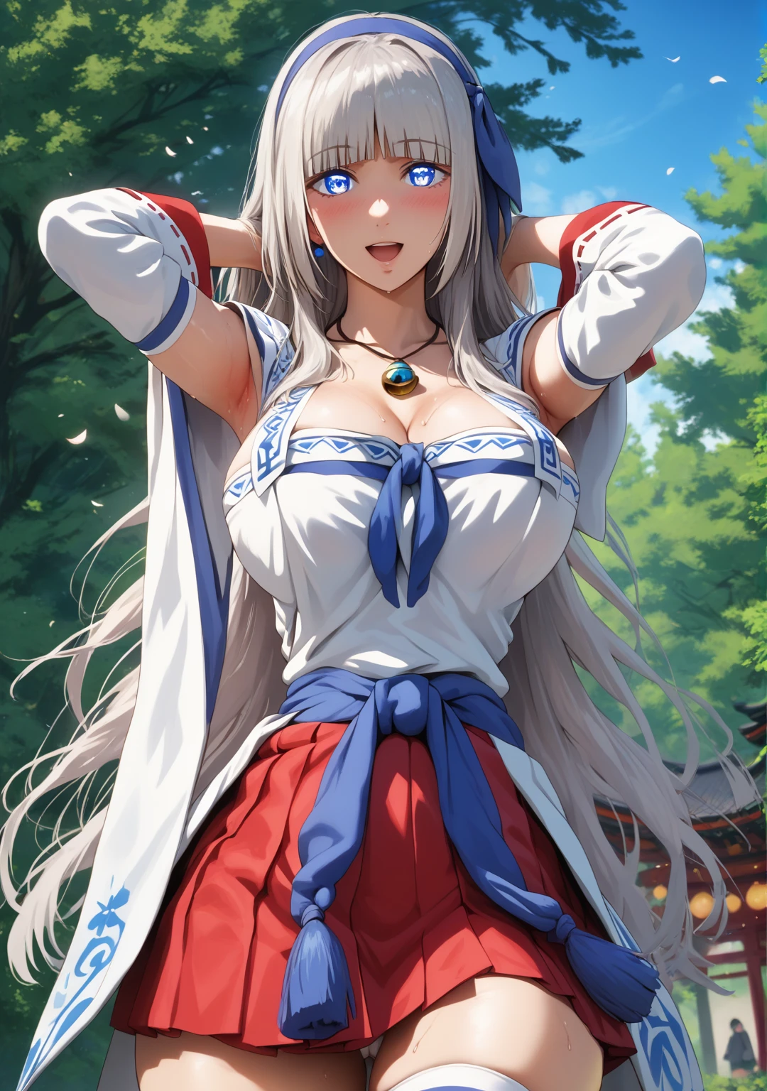 (hero neisan art style:0.7), score_9, score_8_up, score_7_up, score_6_up, uncensored, mylene, silver hair, long hair, blue hairband, blue eyes, fold, BREAK (masterpiece:1.2), best quality, high resolution,(detailed eyes:1.3), perfect lighting, (perfect hands, perfect anatomy), large breasts, 1girl, breasts, thighhighs, solo, skirt, breast curtains, bell, open mouth, thighs, detached sleeves, thick thighs, looking at viewer, white thighhighs, arm up, panties, red skirt, armpits, underwear, japanese clothes, white panties, outdoors, cameltoe, miko, arm behind head, pleated skirt, nontraditional miko, revealing clothes, curvy, standing, happy, sweating,