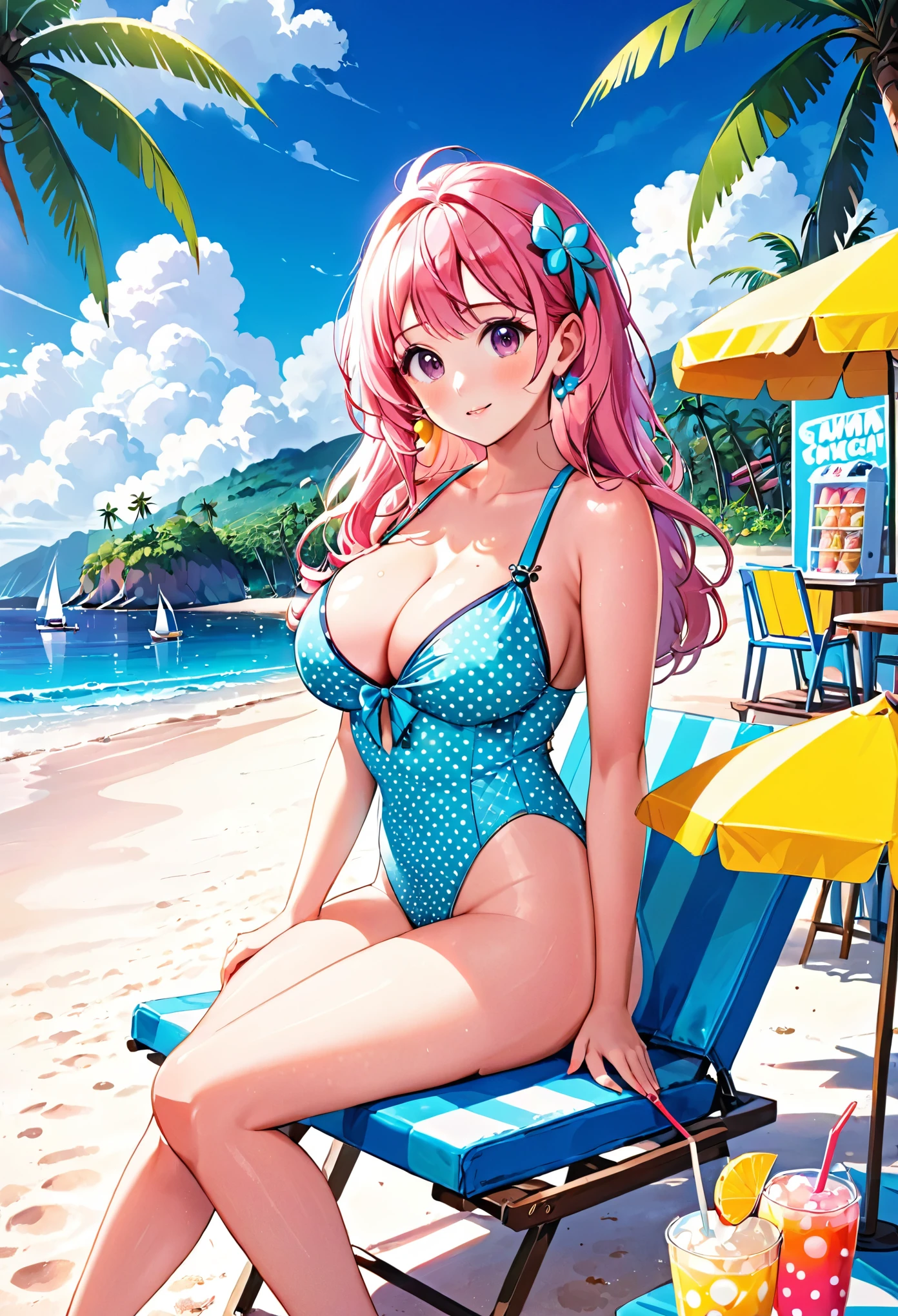A cute girl,Pink Hair,Wearing a polka dot swimsuit,Large Breasts,at the seaside,Next to it is the Summer Ice Drink Shop,Several coconut trees and beach chairs on the beach,Blue sky and white clouds,cold drink,Colorful style