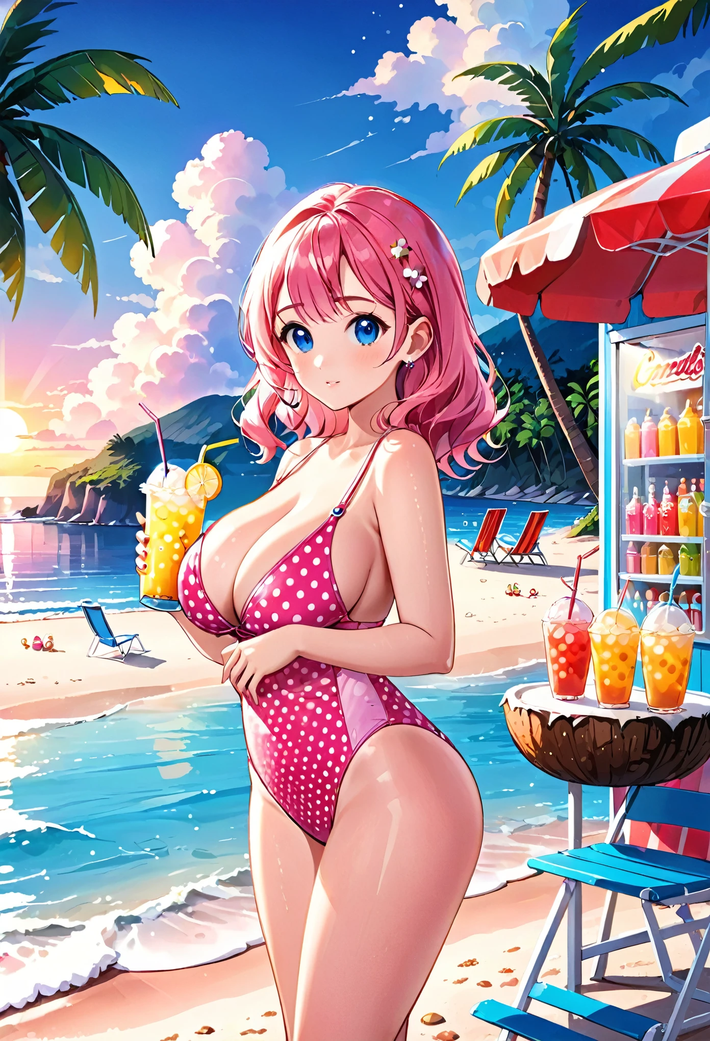 A cute girl,Pink Hair,Wearing a polka dot swimsuit,Large ,Swim by the sea,Next to it is the Summer Ice Drink Shop,Several coconut trees and beach chairs on the beach,Blue sky and white clouds,Evening sunset,cold drink,Colorful style
