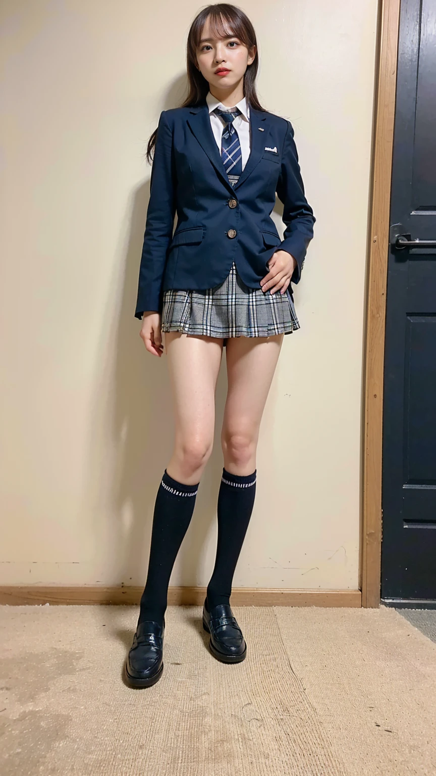 (8K、RAW Photos、Highest quality、masterpiece:1.2)、(Realistic、Realistic)、1 Girl、((Black Check Mini Skirt、High School Uniform、blazer、Navy Socks、loafers、garden、View from the front、Looking into the camera、Stand with hands on hips))、cute