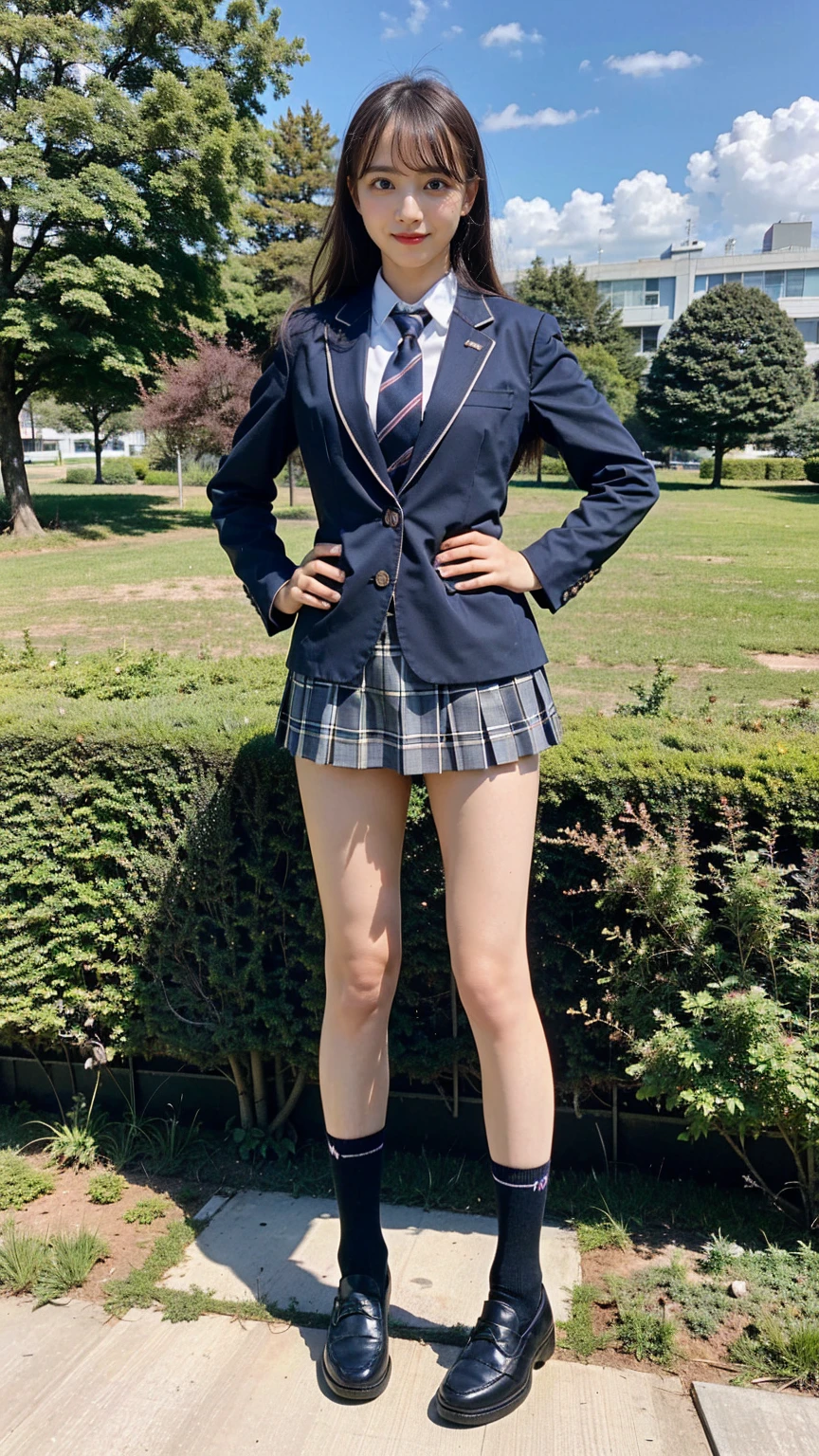(8K、RAW Photos、Highest quality、masterpiece:1.2)、(Realistic、Realistic)、1 Girl、((Black Check Mini Skirt、High School Uniform、blazer、Navy Socks、loafers、garden、View from the front、Looking into the camera、Stand with hands on hips))、cute