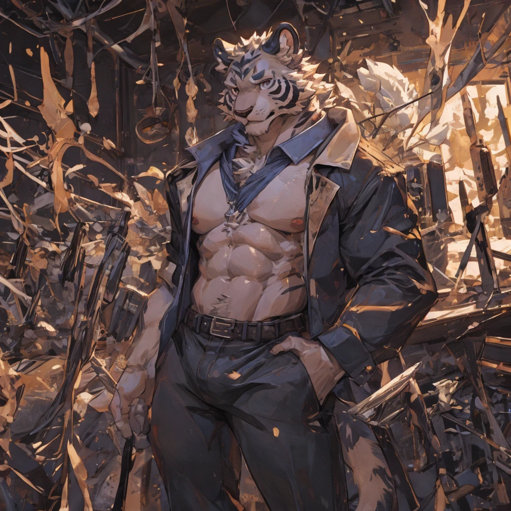 {{bara extremely handsome white tiger,}} {{white fur,}} white, wearing elegant ornate suit jacket, trousers, white dress shirt and necktie, white fluffy furry body and limbs, loafers, very tall, very broad shoulders, narrow waist, muscular arms, massive pecs, purple eyes, very long legs, massive bulge, sophisticated hot look, 3/4 view, best quality, high detail, CG image, character splash art, silver earring on left ear, sultry smirk