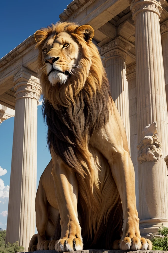 Lion, tigre, lioness, human body, 正面, dark tunics, pillars, kosmos, fund, paisaje, Mystic, Kuno, stele, natta, majestic, columns, dramatic, Stately, Galaxy, sunlit