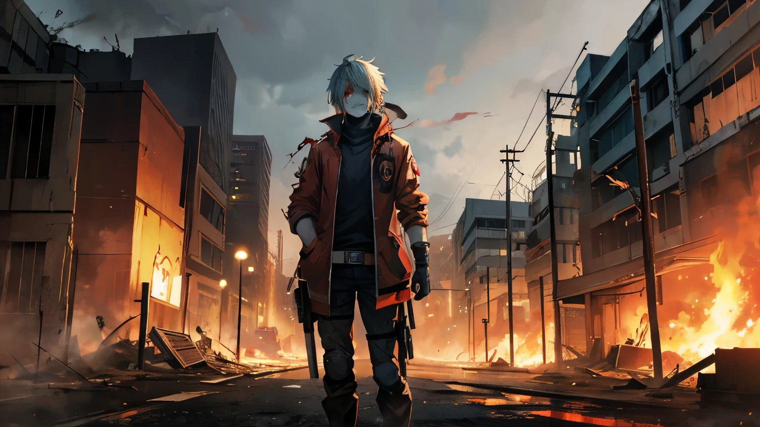 post apocalyptic. zombie, anime style city, destroyed chaos, budlings on fire, zombies,