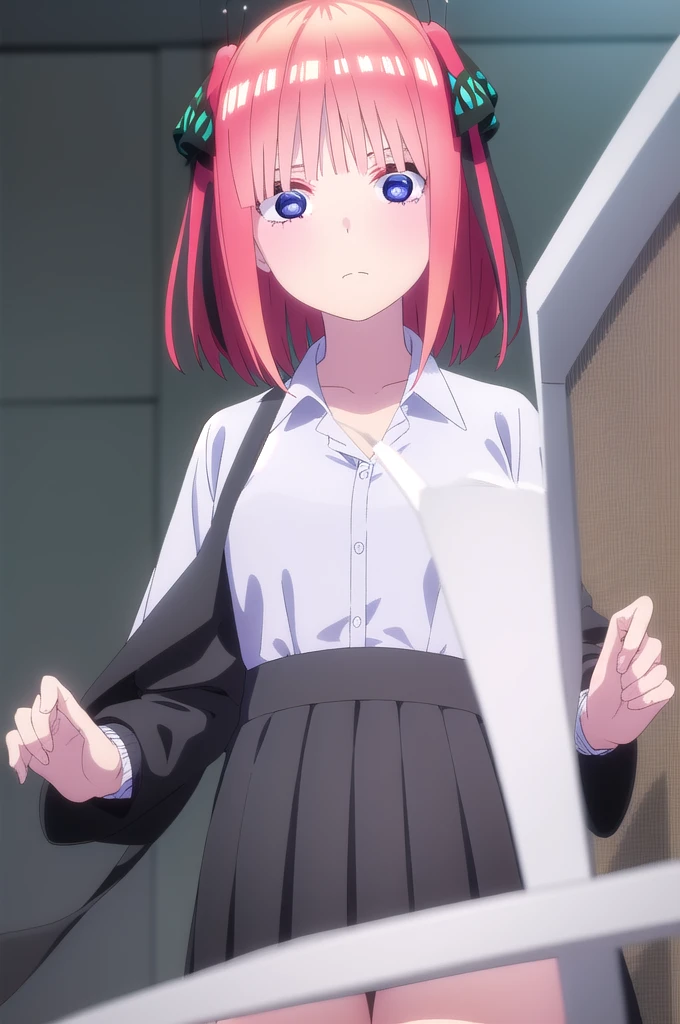 I was silent, Nakano Nino, short hair, bangs, blue eyes, hair ornaments, Hair Ribbon, Pink Hair, blunt bangs, Both sides up, butterfly hair ornaments, break skirt, shirt, Long sleeve, white shirt, Pleated skirt, Open clothes, collared shirt, Sleeves are longer than the wrist, dress shirt, cardigan, Green Skirt, open cardigan, black cardigan,, break indoors, classroom, School, break looking at viewer, break (masterpiece:1.2), Highest quality, High resolution, unity 8k wallpaper, (figure:0.8), (Beautiful attention to detail:1.6), Highly detailed face, Perfect lighting, Highly detailed CG, (Perfect hands, Perfect Anatomy),