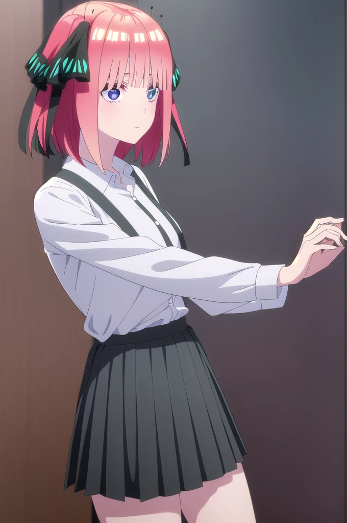 I was silent, Nakano Nino, short hair, bangs, blue eyes, hair ornaments, Hair Ribbon, Pink Hair, blunt bangs, Both sides up, butterfly hair ornaments, break skirt, shirt, Long sleeve, white shirt, Pleated skirt, Open clothes, collared shirt, Sleeves are longer than the wrist, dress shirt, cardigan, Green Skirt, open cardigan, black cardigan,, break indoors, classroom, School, break looking at viewer, break (masterpiece:1.2), Highest quality, High resolution, unity 8k wallpaper, (figure:0.8), (Beautiful attention to detail:1.6), Highly detailed face, Perfect lighting, Highly detailed CG, (Perfect hands, Perfect Anatomy),