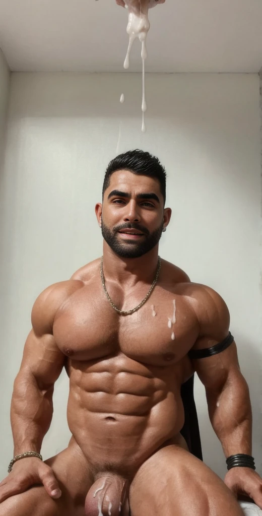 (masterpiece, intricately detailed, highest resolution, best quality:1.2), (doujin), a cocky Latino Instagram influencer, a 24 y.o muscle stud with a muscular physique sitting on a chair with black eyes,dark-skinned male, wearing a ((open jacket, big chains, chav, armbands)), ((excessive cum)) ((cum on body)) (cum drip), flaccid penis,saggy balls,hairy chest,vascular,muscle striations,soft light,fantastic realism, colth