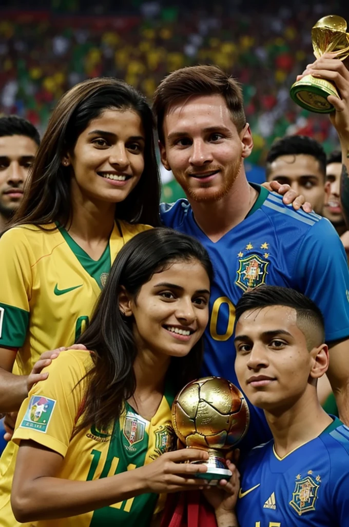 A boy wearing Portugal jersey named "Abhaya" and a girl wearing Brazil jersey named "Smerika" watching Messi lifting world cup trophy.
