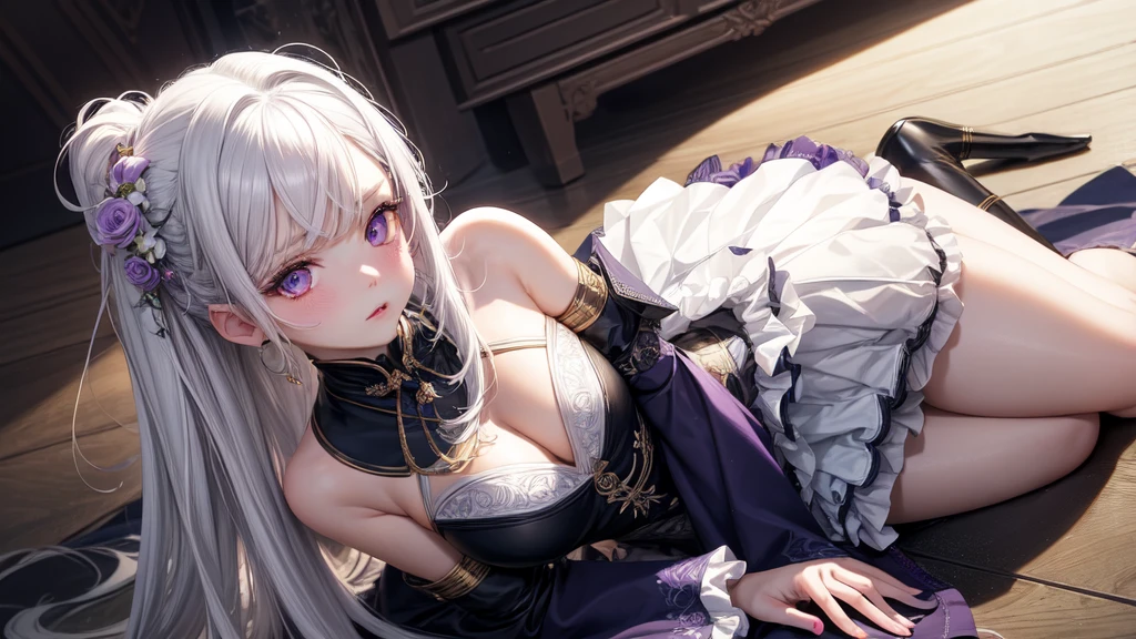 realisitic, 1 girl, White hair, purples eyes, glare eyes, top cut, overskirt, parted lips, blush, natta, flowers, floor, floorlight,