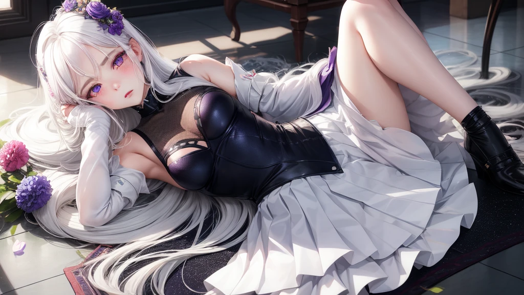 realisitic, 1 girl, White hair, purples eyes, glare eyes, top cut, overskirt, parted lips, blush, natta, flowers, floor, floorlight,