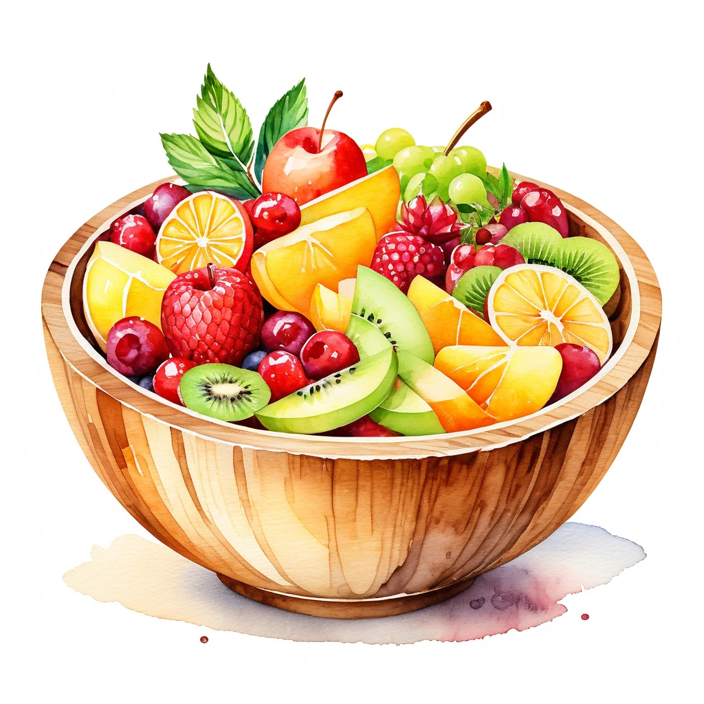 a painting of a wooden bowl of delicious fruit salad , ((watercolor)), cartoon style, solid white background, center composition, negative space around the object, washed out color, detailed masterpiece,  loose drawing, clipart,