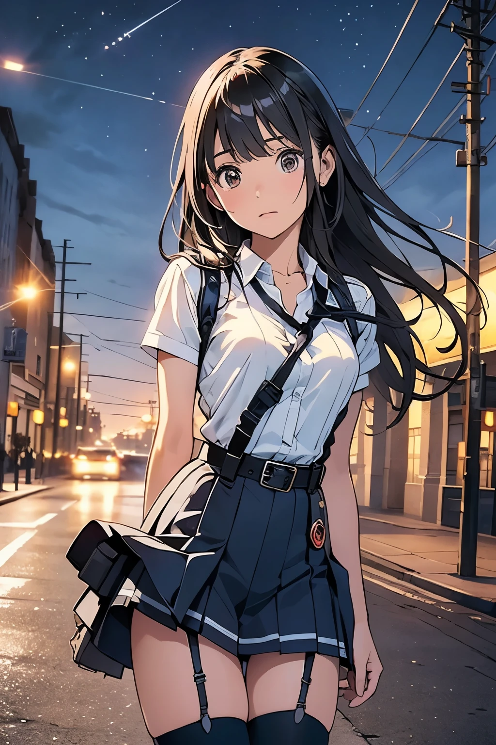 high quality, masterpiece, Ultra-high resolution, (realism: 1.4), Oil painting style, Cinema Lighting, , I stood on the empty asphalt road and looked at it., And the suspenders with the cranes flying　　Large Breasts　 　 　　　　Small face　 　　　holster　　　　　　　 Lying in bed　Looking up　　　　Sweat 　　　belt　summer　脇Sweat 　Black Hole Gloves　suit　　　　 mini skirt　garterbelt　Leg Links　ズボンにbelt　　holster　 　　Hands behind your back　 Anxious expression　Looking up　Anxious face　Knee-high　Knee socks　Knee-highソックス garterbelt　garter　ふとももにgarterbelt