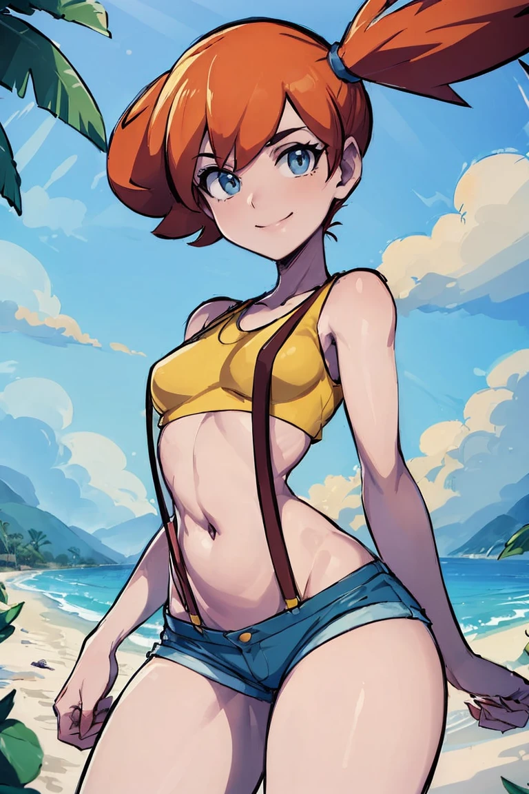 ((masterpiece,best quality)), absurdres, Misty_Pokemon, yellow crop top, suspenders, side ponytail, orange hair, denim shorts, solo, smiling, looking at viewer, cowboy shot, cinematic composition, contrapposto, tropical beach,