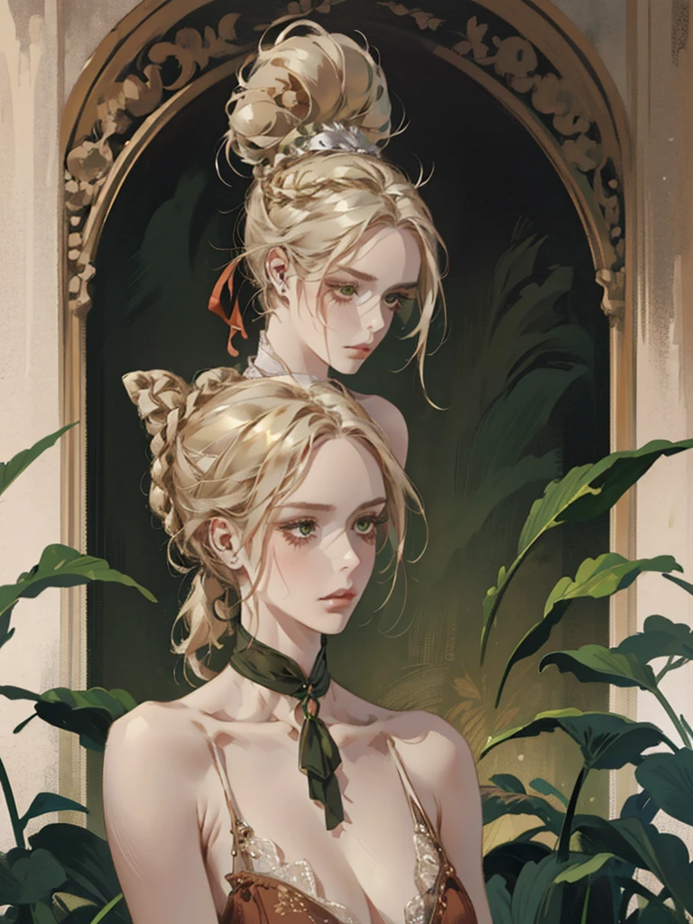 one, digital painting of a woman with her hair tied up in a bun, blonde blond hair, green eyes, young noblewoman from the 1800s , calm face, long face, looks down, dark red dress, ((neck-length dress)), decorations on the head around the hair portrait style, looking away, in a beautiful and green garden