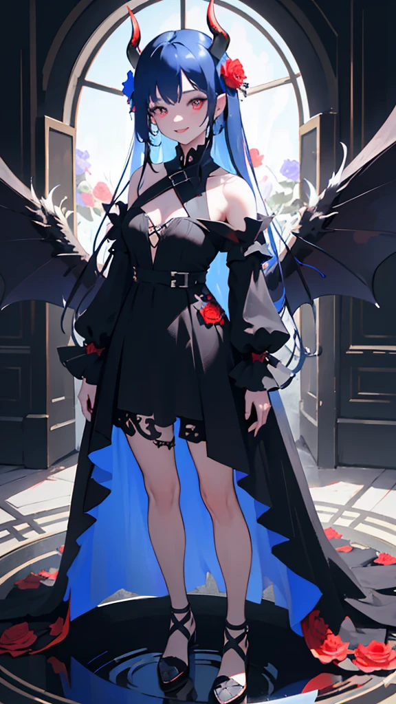 1girl, flower, solo, long hair, black wings, blue hair, black flower, standing , blue flower, devil, water, rose, long sleeves, red flower, dress, devil horn, devil wings, feathered wings, mean smile, bangs, blue dress, plant