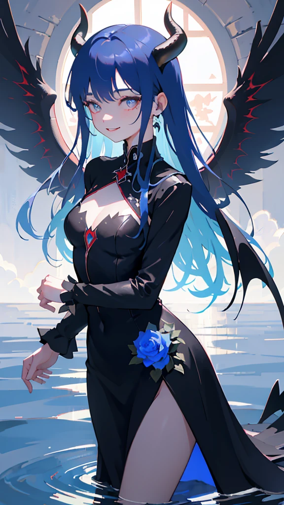 1girl, flower, solo, long hair, black wings, blue hair, black flower, standing , blue flower, devil, water, rose, long sleeves, red flower, dress, devil horn, devil wings, feathered wings, mean smile, bangs, blue dress, plant