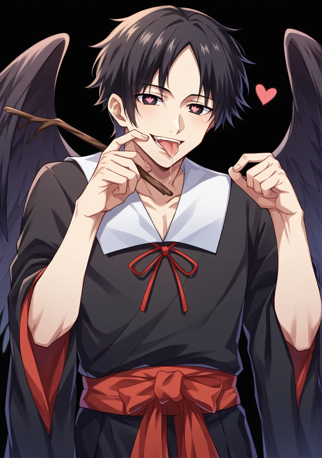score_9, score_6_climb, source_anime, 1 man, alone, climbper body, Shinomiya Kaguya, conjunctivitis, black hair, black dress, white sailor collar,, Put your hand on your chin., Heart-shaped eyes, no pclimbils, smile softly, tooth, tsurime, black background , stick out your tongue, sexy, saliva, flirt, It has black wings., Hakama style kimono,Thondakar