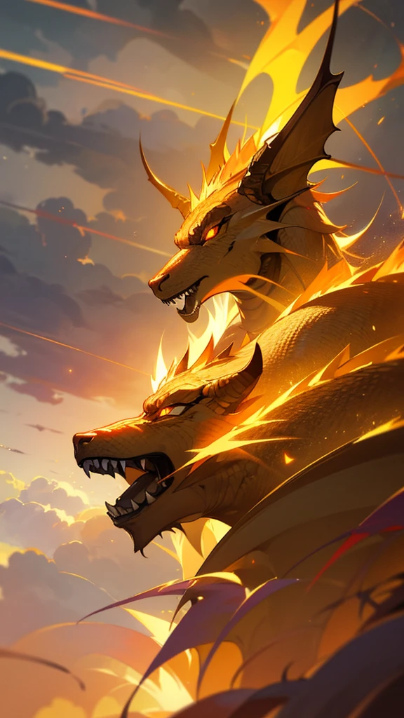 A realistic and magnificent golden dragon with glowing eyes, posed powerfully against a dramatic stormy sky, illuminated by the golden rays of the setting sun