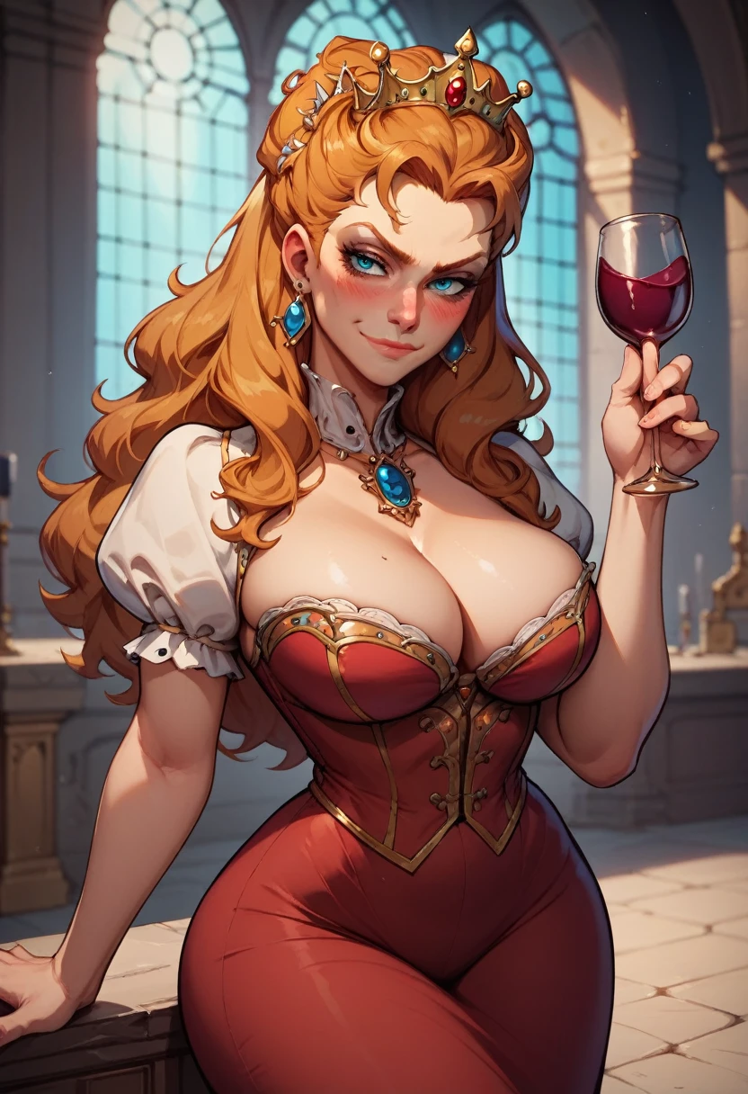 1woman, cleavage, in a castle dungeon, holding glass of wine, seductive smirk,blushing, big breasts, wide hips, big ass, Anna Henrietta, nighttime