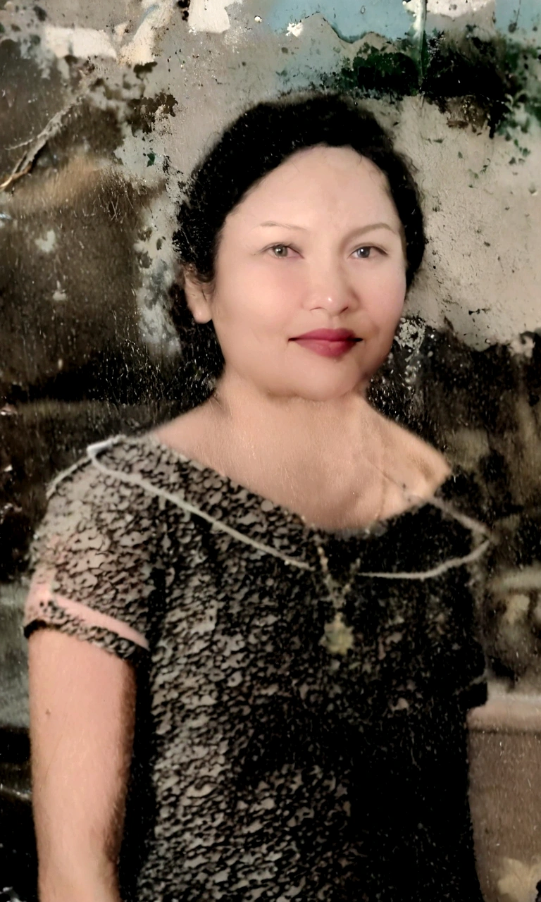 there is a woman that is standing in front of a wall, photo of a woman, restored photo, wearing pendant gold
