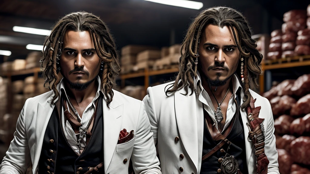 There is a handsome boy with a super detailed face, white suit, short black hair, super detailed characters, in the warehouse, which is piled up with meat, meat, fresh meat, highly real, 4K, chiaroscuro, super high detail jack sparrow