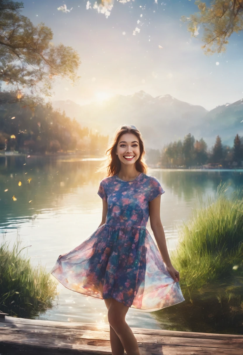 Amazingly realistic smiling girl images, Her clothes blend into the dreamy lakeside background, Enhanced further with mesmerizing multiple exposure effects.