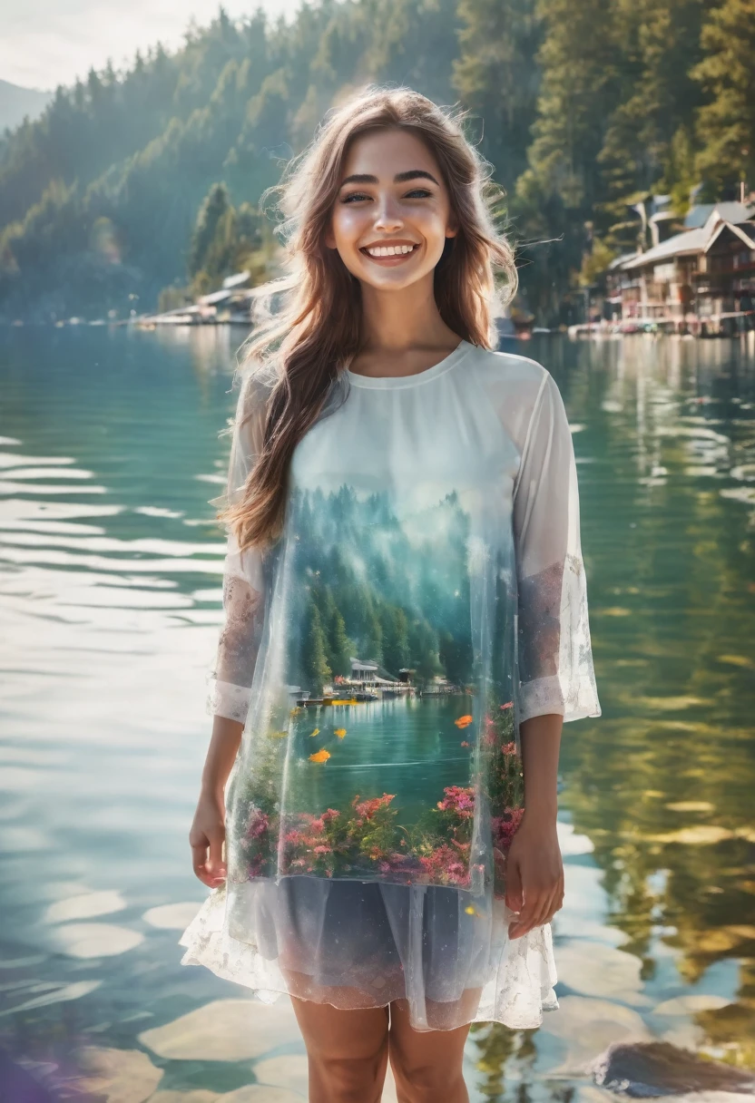 Amazingly realistic smiling girl images, Her clothes blend into the dreamy lakeside background, Enhanced further with mesmerizing multiple exposure effects.