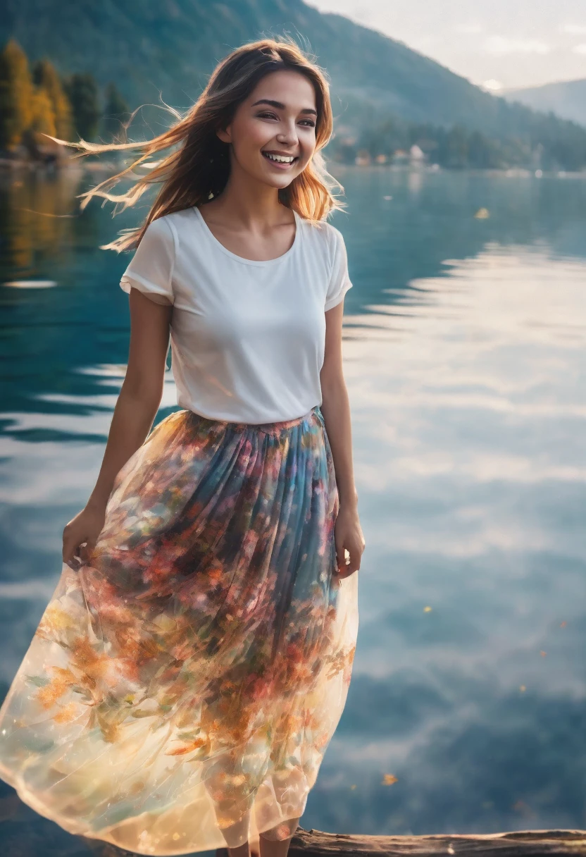 Amazingly realistic smiling girl images, Her clothes blend into the dreamy lakeside background, Enhanced further with mesmerizing multiple exposure effects.