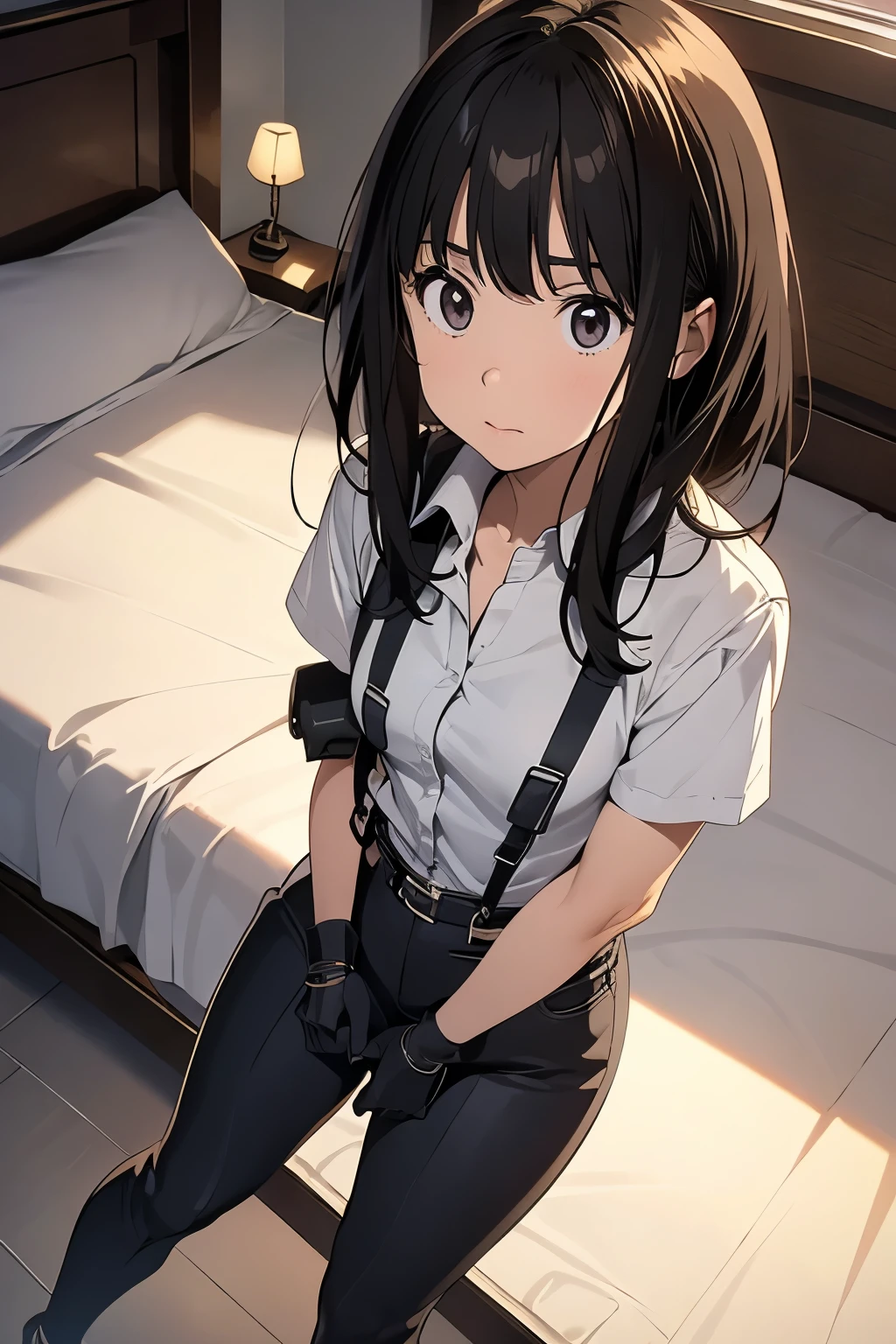 1 female, , high quality, masterpiece, Ultra-high resolution, , Cinema Lighting, , , And the suspenders with the cranes flying Moderate breasts Small face holster Lying in bed Looking up Sweat belt summer 脇Sweat Black Hole Gloves suit shirt Black jacket Black trousers Leg Links ズボンにbelt holster Hands behind your back Anxious expression Looking up Anxious face, legs apart