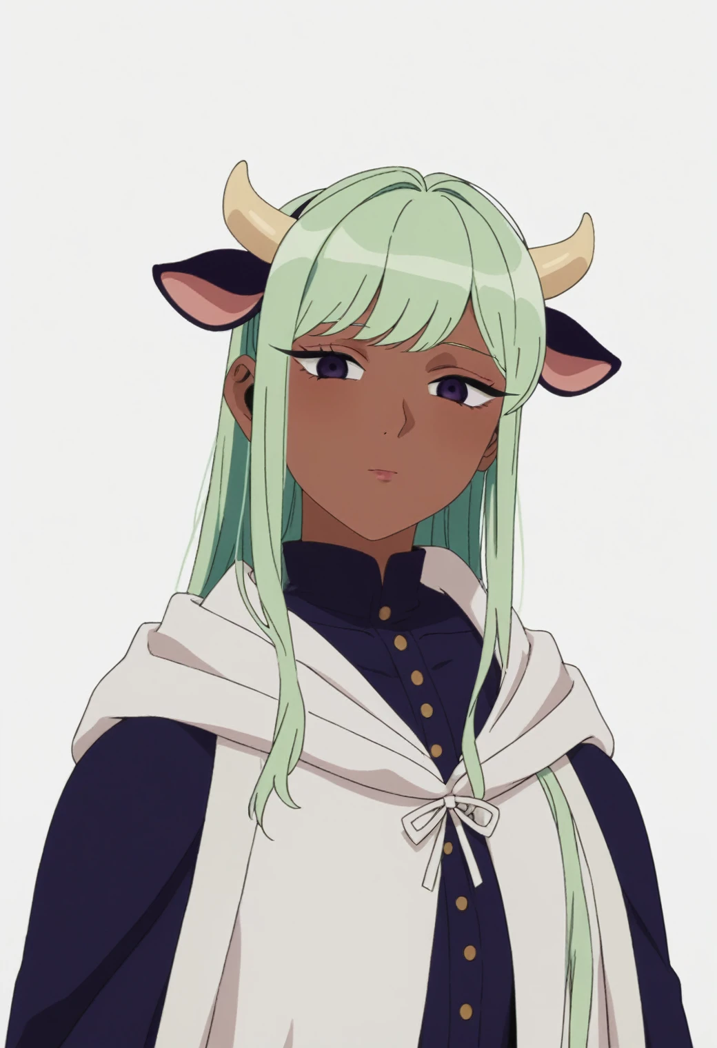 source_anime, score_9, score_8_up, score_7_up, rating_excplicit, 1girl, komi shouko, ,cowgirl, cow ears, cow horns, solo, dark skin, looking at viewer, dark-skinned female, male focus, bangs, cloak, hood, upper body, soft green hair, robe, androgynous, hood down