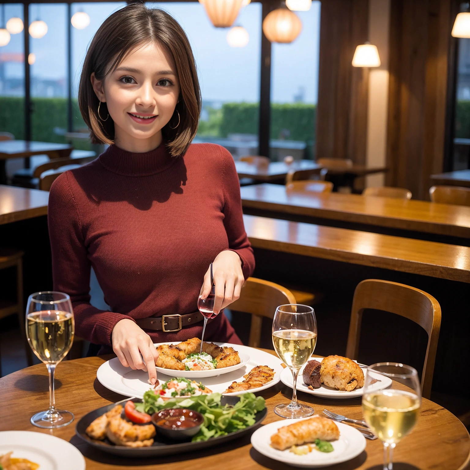 ((Highest quality、8K、masterpiece:1.3))、slimカップル、modelカップル、(Realistic, Intricate details:1.2), full-course dinner、Wine Party、Amazing view of the sunset sky and clouds、A bright smile、The wonderfulness of smile、Bright image、The beauty of wine, Beautiful Face, blue eyes, The light shines on your face, Blushing, short hair,Bright Face、 (Age 37), 39 years old, red wine 、Appetizers、Italian food、Wine bottle、Champagne、sparkling wine、Two beauties、Brown Hair、Shortcuts、Long sleeve shirt、dress、Beautiful woman 1, (slimな顔), (The body is slim), (Brown Hair), (Shortcuts), cheeks turn a little red,Attractive beauty、restaurant, In a prominent place (From the waist up) Nova Frog Style, actress, model, Upper Body, White wine, slim, wine glass, 中央に置かれたwine glass, smile, (smile: 1.15), Beautiful fine grain, Depth f/2,saturation, High Contrast, Strong light and shadow,Moist Body:1.5、3D texture、Delicate eyes、Brown Hair、The hair is very shiny、