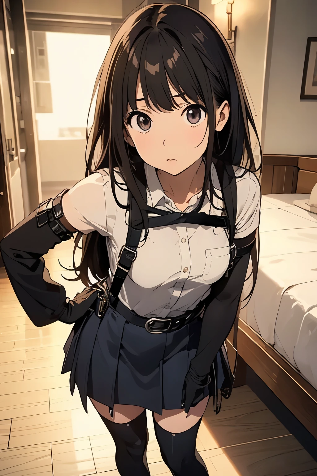 high quality, masterpiece, Ultra-high resolution, (realism: 1.4), Oil painting style, Cinema Lighting, , I stood on the empty asphalt road and looked at it., And the suspenders with the cranes flying　　Large Breasts　 　 　　　　Small face　 　　　holster　　　　　　　 Lying in bed　Looking up　　　　Sweat 　　　belt　summer　脇Sweat 　Black Hole Gloves　suit　　　　 mini skirt　garterbelt　Leg Links　ズボンにbelt　　holster　 　　Hands behind your back　 Anxious expression　Looking up　Anxious face　Knee-high　Knee socks　Knee-highソックス garterbelt　garter　ふとももにgarterbelt