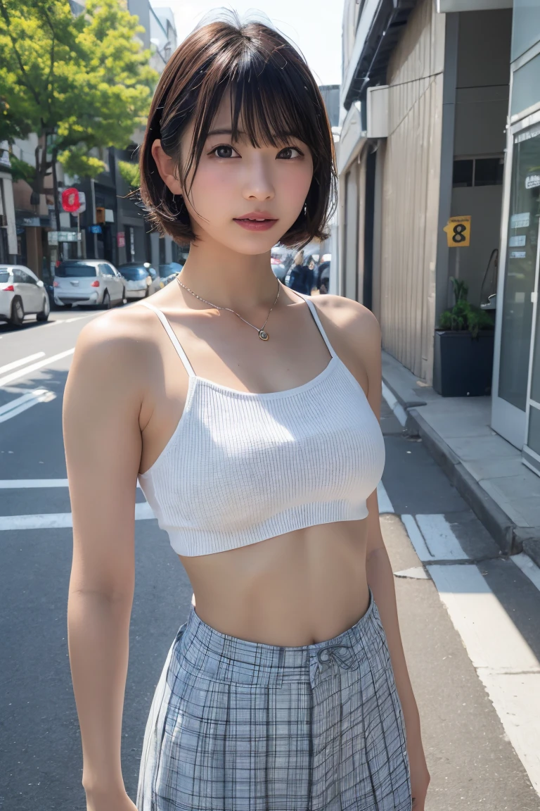 ((8K:1.27)、Highest quality、masterpiece、Ultra-high resolution:1.2)Beautiful Japanese Women Photos(fun:1.1) grayス、There are good ones、Gradient lighting、One Girl、Delicate skin、Look at this、Brown eyes、(Short hair with bangs:1.2)、(middle breast wheel:0.8)、(Realistic:1.4)、(Highest quality:1.0)、(Ultra-high resolution:1.0)、8K、Original photo、(masterpiece:0.2)、(Pure love face_v1:0.5)、 結び目のあるショルダーPlaidのドレス、Spaghetti Straps、Spaghetti Straps、Plaid、Super mini length、Multicolor、gray、No sleeve、Round neck、What can I do for you?、Staring at this、Omotesando in the morning、street tree、Stylish city views、theme、Tilt、Look at this、lol、Futomo、Slightly thicker、Big Ass、necklace、SLR、Morning light、The morning sun is dazzling、
