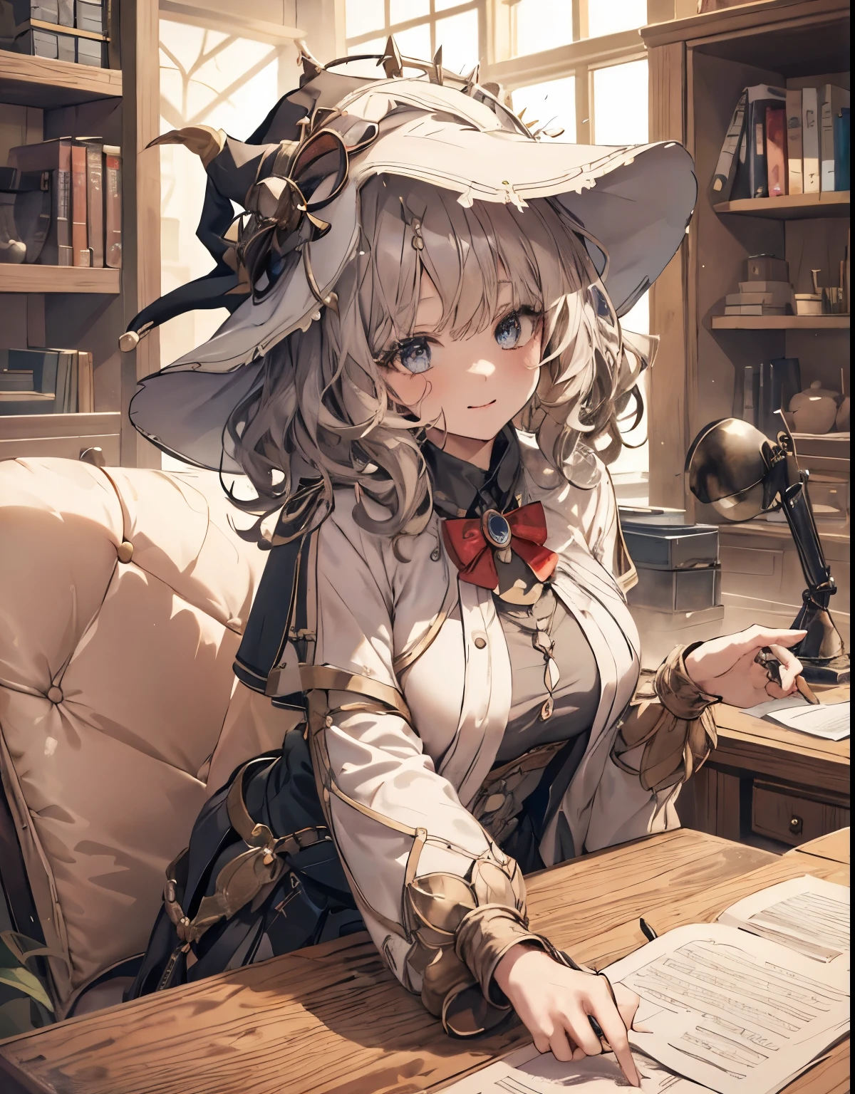 masterpiece, 1girl, sparrow, a light silver haired girl, wearing a witch clothes, curly short hair, messy hair, slim body, white capelet with hoody, he close her left eye, shirt ornament, ruby eyes, ahoge, baby face, big breast, beautiful breasts, rounded breasts, long sleeves, beautiful eyes, white stocking, droopy eyes, skirt, black skirt, plaid skirt, her age is 19 years old, library, bowtie, tight shirt, skirt, nilou (genshin impact), lovely face, medium hair, lovely smile, curly hair, wizard hat, sit, innocent face, 